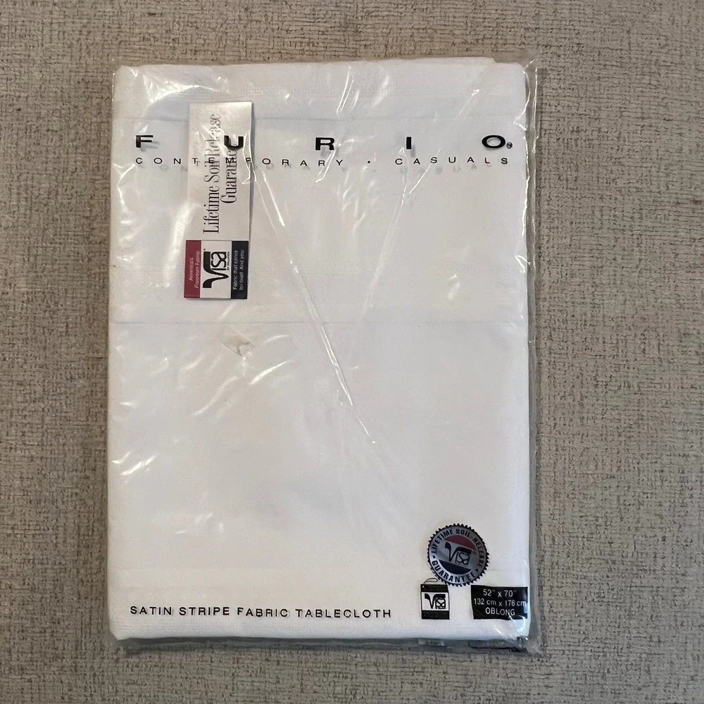 Furio White Satin‎ Stripe Fabric Tablecloth 52x70 Oblong Visa Polyester USA Made